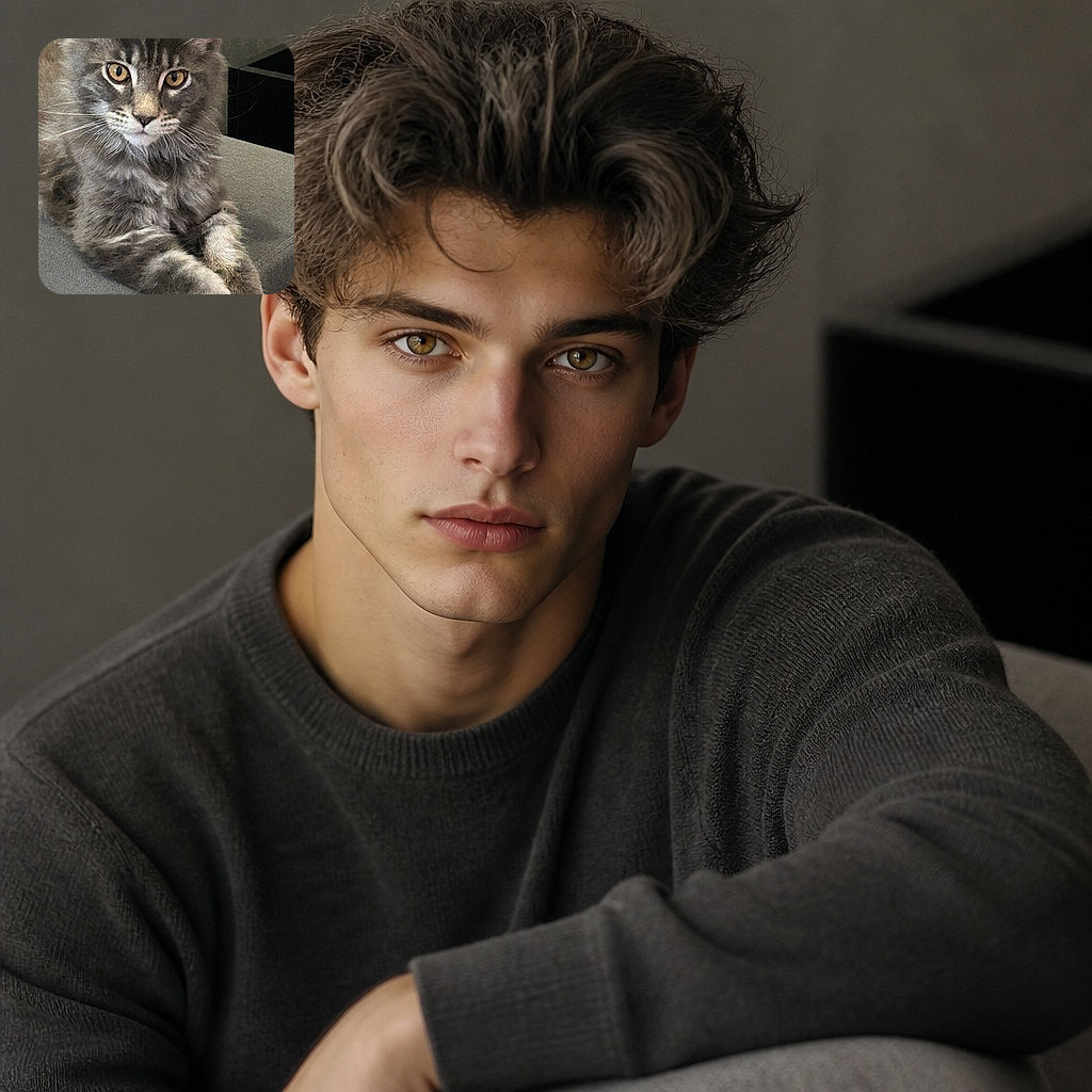 A majestic fluffy gray cat sits on a couch, staring into the camera like a tiny, whiskered detective who has just discovered your snack-related secrets.