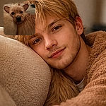 A tiny scruffy dog stares soulfully into the camera from a blanket nest — nose front and center, ears flopped like satellite dishes. The background hints at a lived-in living room with soft lighting and scattered toys, while the pup looks like it’s either plotting treats or auditioning for the role of 'Most Adorable Couch Potato.'