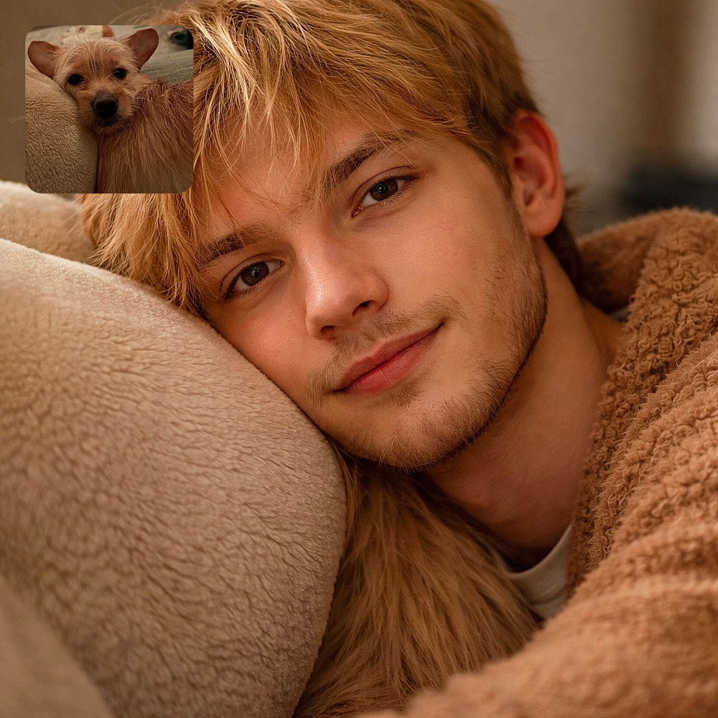 A tiny scruffy dog stares soulfully into the camera from a blanket nest — nose front and center, ears flopped like satellite dishes. The background hints at a lived-in living room with soft lighting and scattered toys, while the pup looks like it’s either plotting treats or auditioning for the role of 'Most Adorable Couch Potato.'