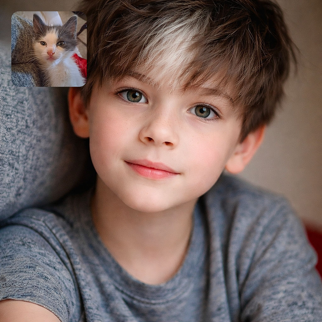An adorable gray and white kitten gazes curiously at the camera, nestled comfortably against a cozy textured fabric background with a hint of a red cloth nearby.