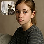 A curious tabby kitten with big, bright eyes is perched on a cozy bed with a soft gray blanket, gazing intently at the camera against a backdrop of white curtains.