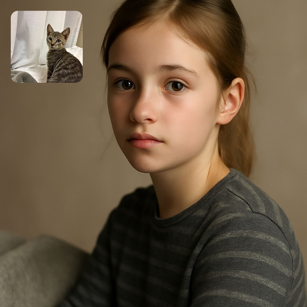 A curious tabby kitten with big, bright eyes is perched on a cozy bed with a soft gray blanket, gazing intently at the camera against a backdrop of white curtains.