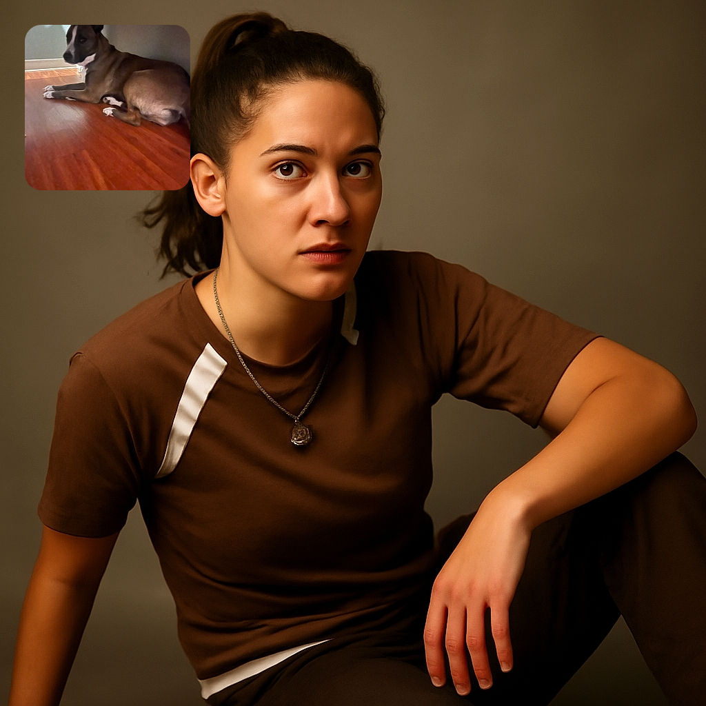 A dog is lying down on a wooden floor under a piece of furniture, looking slightly blurry and shadowed, as if caught mid-nap or mid-thought in a cozy hiding spot.