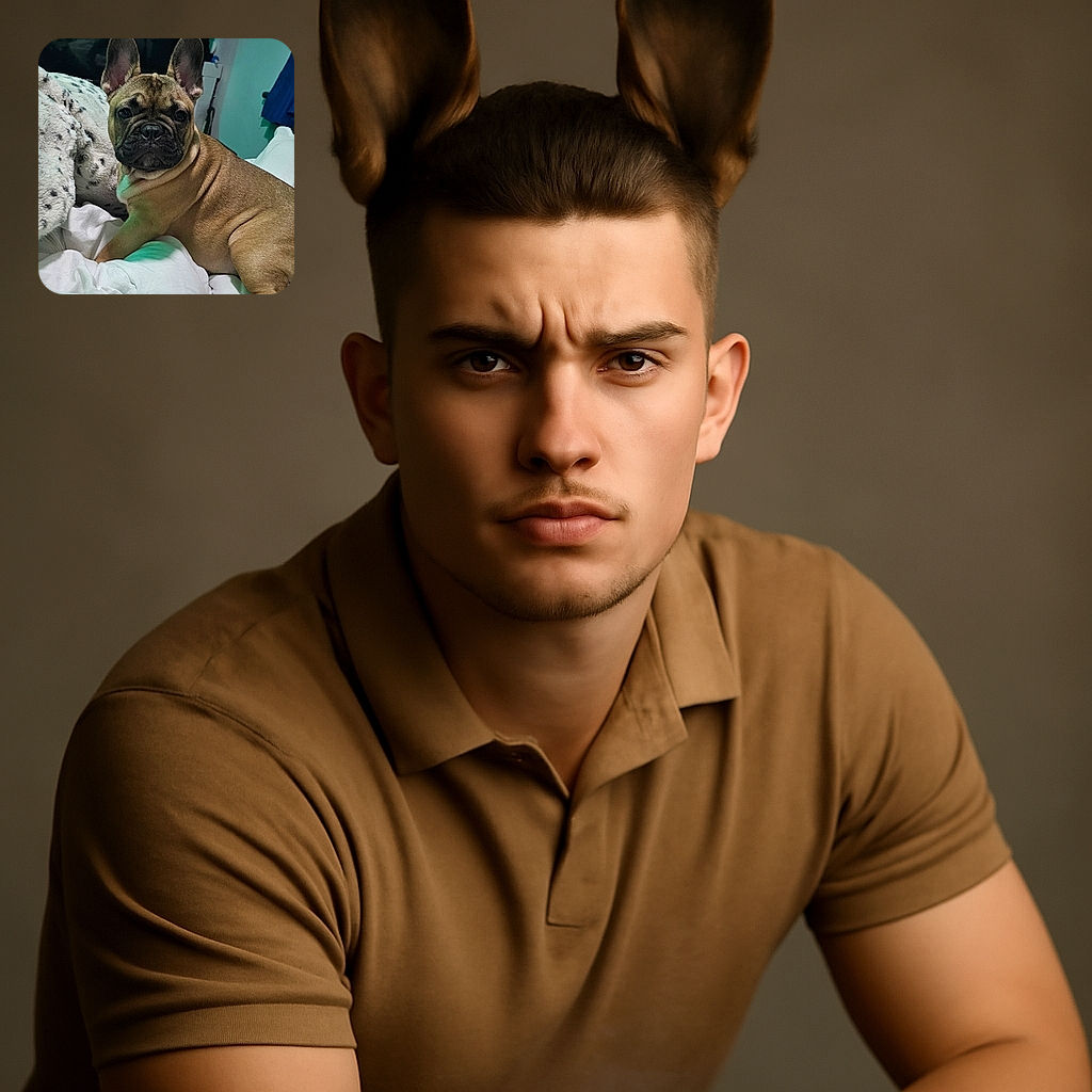 A charming French Bulldog lounges comfortably on a cozy white bed, its large ears perked up and eyes gazing curiously. The soft, patterned blanket beside it adds a touch of warmth to the scene, while the background hints at a relaxed home environment.