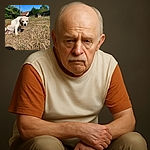 A somewhat grumpy-looking dog with white and brown fur sitting on dry grass in a backyard on a sunny day, surrounded by green bushes and a small house in the background.