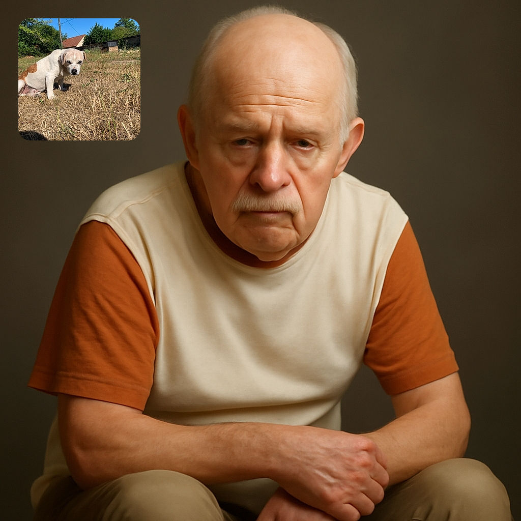 A somewhat grumpy-looking dog with white and brown fur sitting on dry grass in a backyard on a sunny day, surrounded by green bushes and a small house in the background.