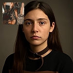 A close-up photo of a dog with soulful eyes and a slightly tilted ear, wearing a collar indoors. Behind the dog, there's a patterned bag and hanging clothes, giving a cozy, lived-in vibe.