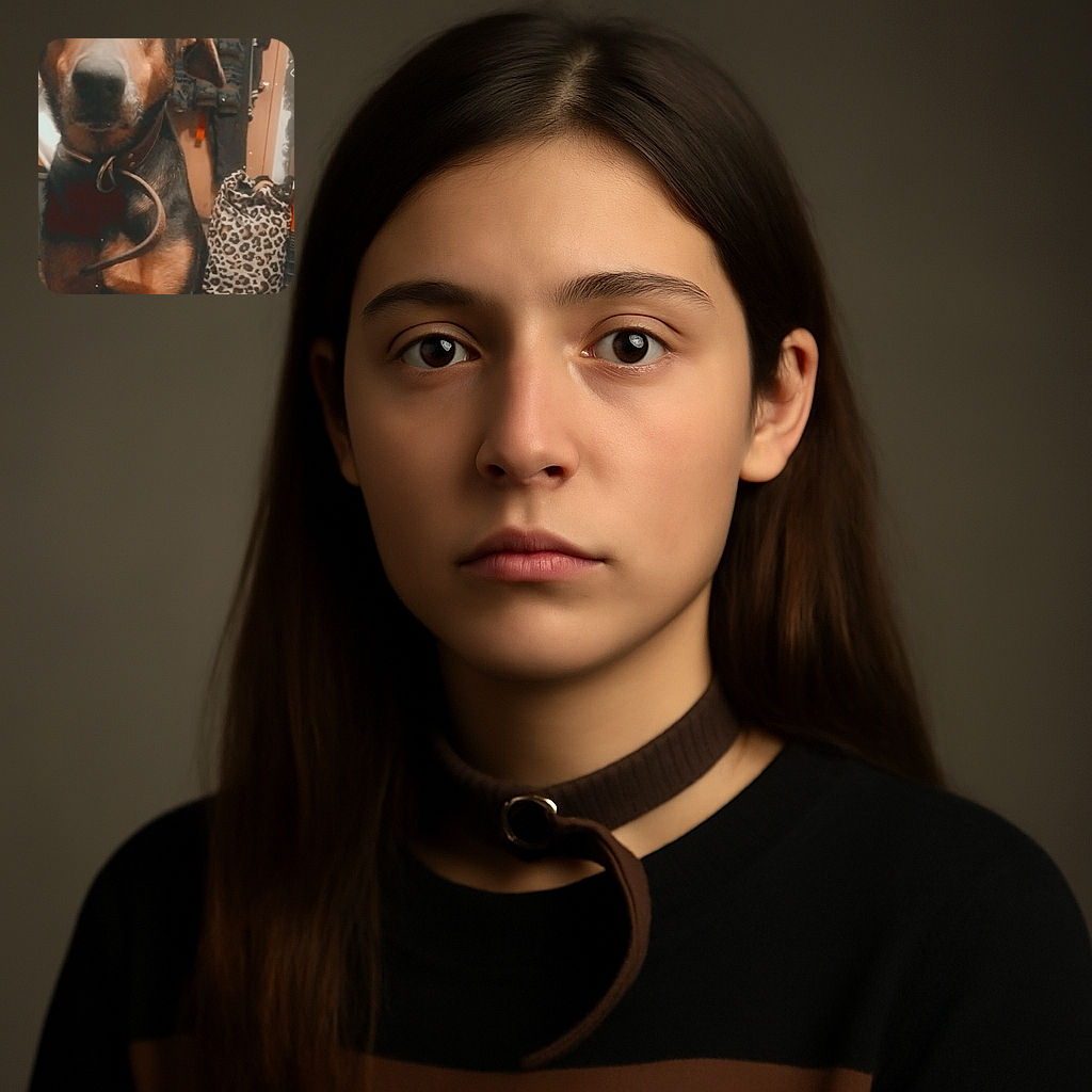 A close-up photo of a dog with soulful eyes and a slightly tilted ear, wearing a collar indoors. Behind the dog, there's a patterned bag and hanging clothes, giving a cozy, lived-in vibe.