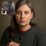 A close-up photo of a gray cat with a bell collar sitting near a keyboard, partially blocking the view. The background shows a person wearing a red shirt with long hair. The image is a bit blurry but captures the curious expression of the cat.