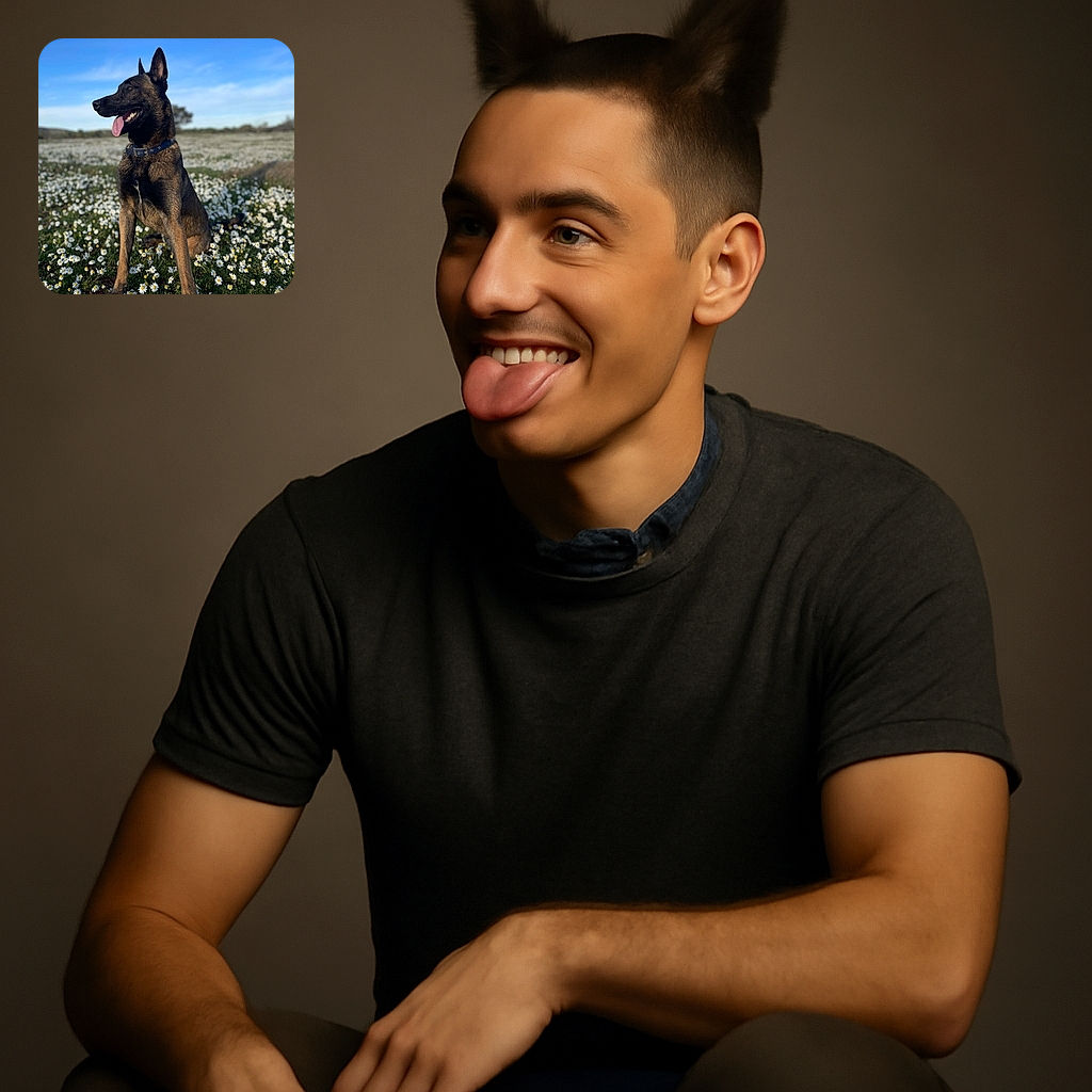 A majestic dog with a blue collar sits proudly in a vast field of white daisies under a clear blue sky, tongue out and ears perked, looking like the king of the flower kingdom.
