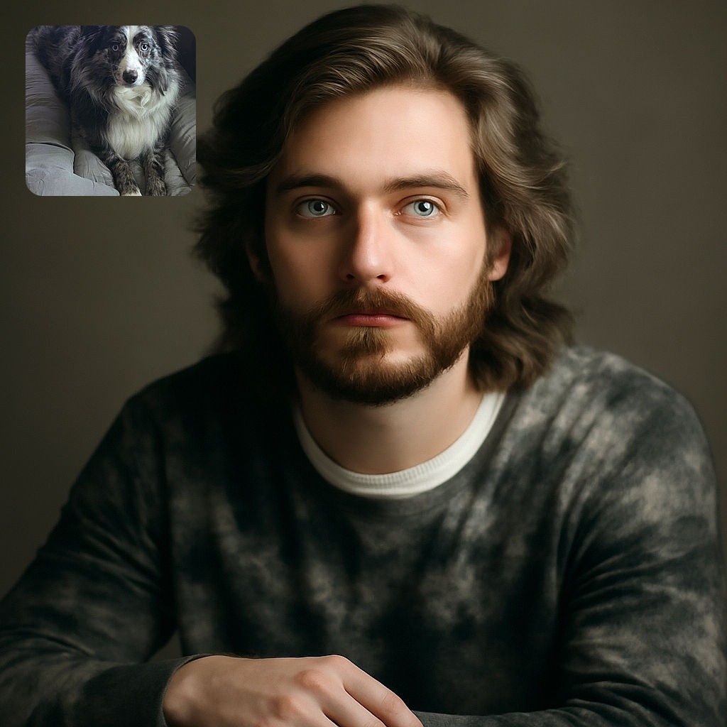 A fluffy, blue-eyed dog with a striking merle coat lounges comfortably on a soft gray cushion, gazing intently as if pondering the mysteries of the universe or waiting for a treat.