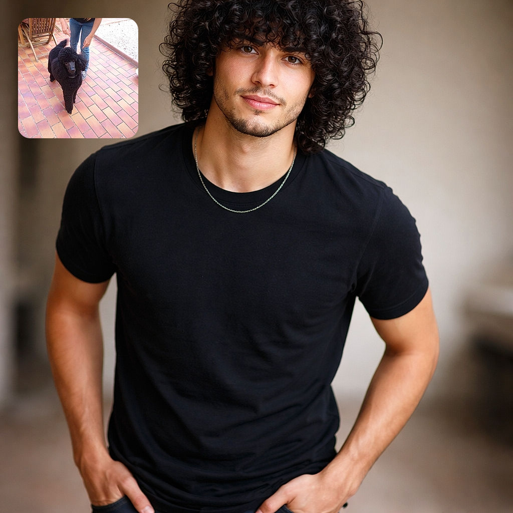 A very dignified black poodle stands on a terracotta-tiled patio, posing like it owns the place while a person's legs hover behind — clearly waiting for a treat or admiration. There's a water bowl at the edge and patio furniture in the background; the dog's curly fur and regal stance steal the show.