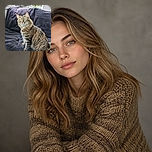 A magnificent fluffy tabby cat sits on a dark blanket like a tiny forest monarch, gazing into the camera with the serious expression of someone judging your snack choices. Plants and a birdhouse-like garden ornament add a cozy outdoor backdrop.