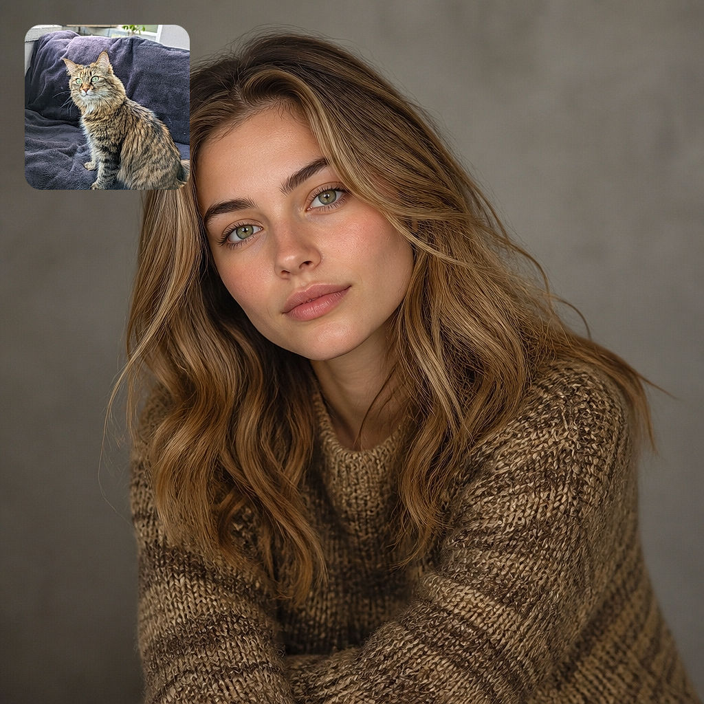 A magnificent fluffy tabby cat sits on a dark blanket like a tiny forest monarch, gazing into the camera with the serious expression of someone judging your snack choices. Plants and a birdhouse-like garden ornament add a cozy outdoor backdrop.