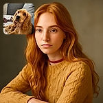 A fluffy golden puppy lounges comfortably on a cozy couch, gazing upwards with soulful eyes. Behind, a colorful rope toy lies on a patterned blanket, adding a playful touch to the warm, inviting scene.