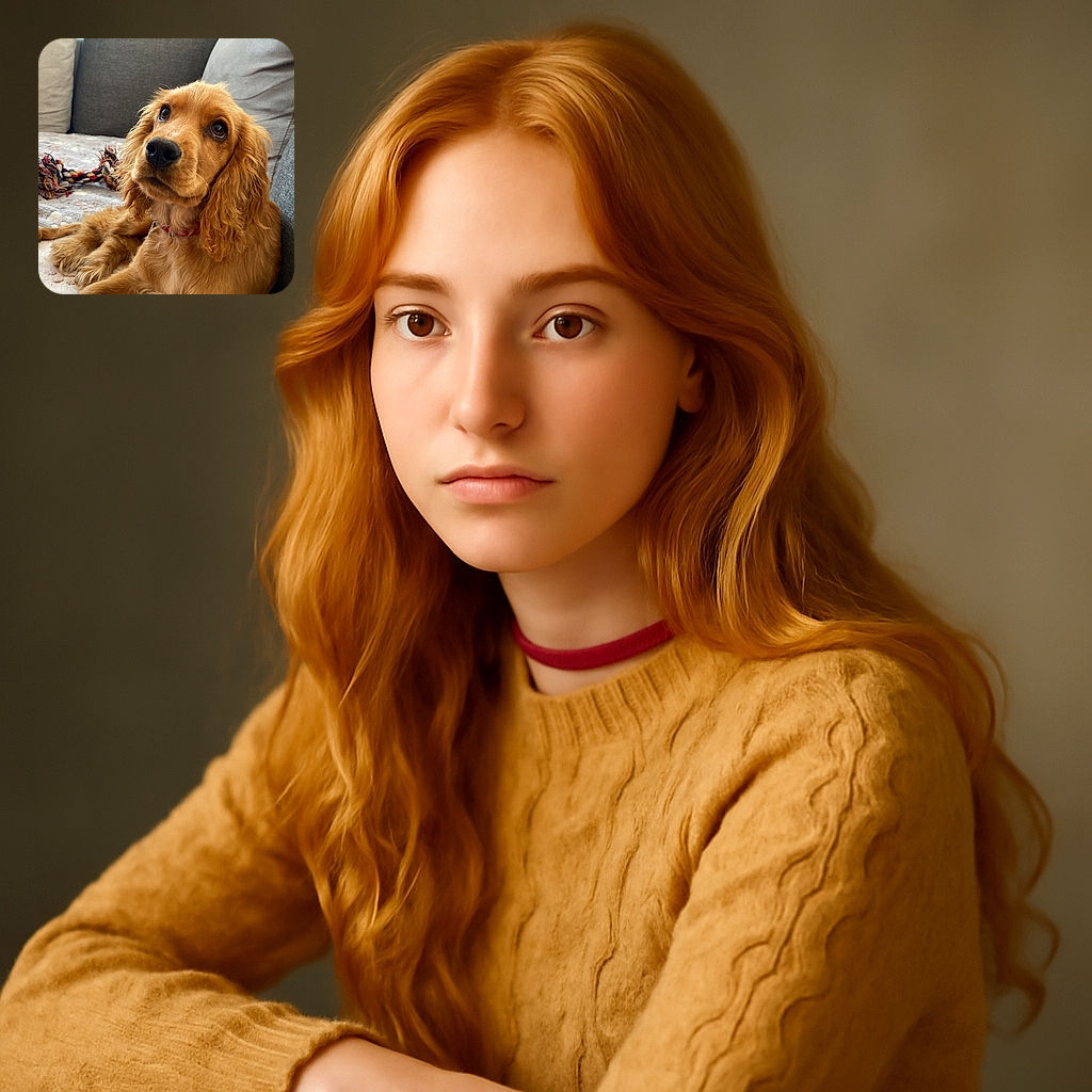 A fluffy golden puppy lounges comfortably on a cozy couch, gazing upwards with soulful eyes. Behind, a colorful rope toy lies on a patterned blanket, adding a playful touch to the warm, inviting scene.