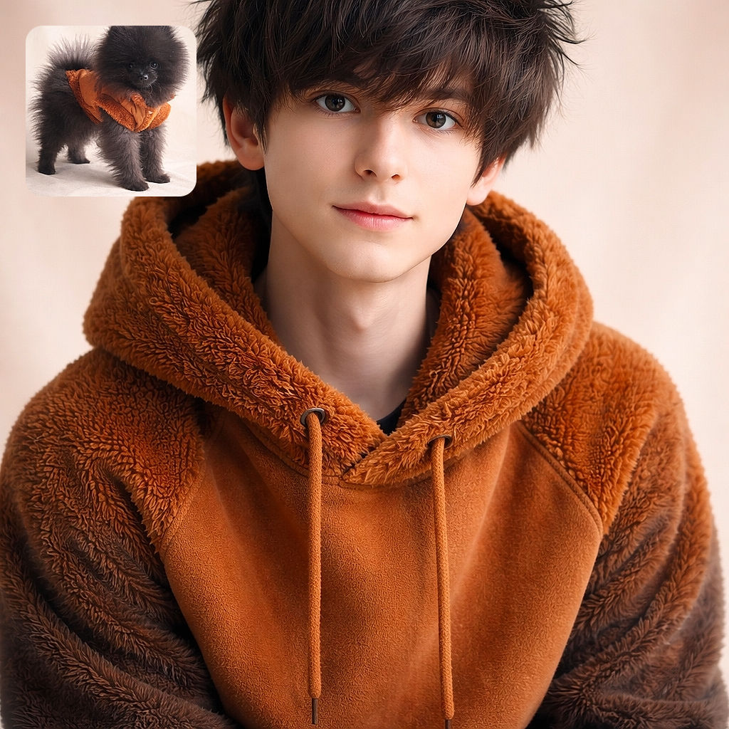 A tiny black fluff tornado (Pomeranian) in a cozy orange jacket stares straight at the camera like a furry superhero — huge cloud-like fur, shiny curious eyes, and tiny paws striking a dramatic pose on a soft, neutral backdrop.