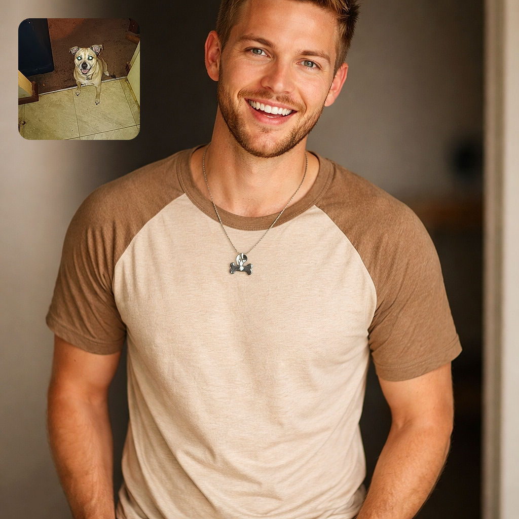 A cheerful small dog sits in a doorway grinning up at the camera with classic flash-induced glowing eyes — part happy pup, part tiny green UFO, surrounded by a lived-in floor and carpet threshold.