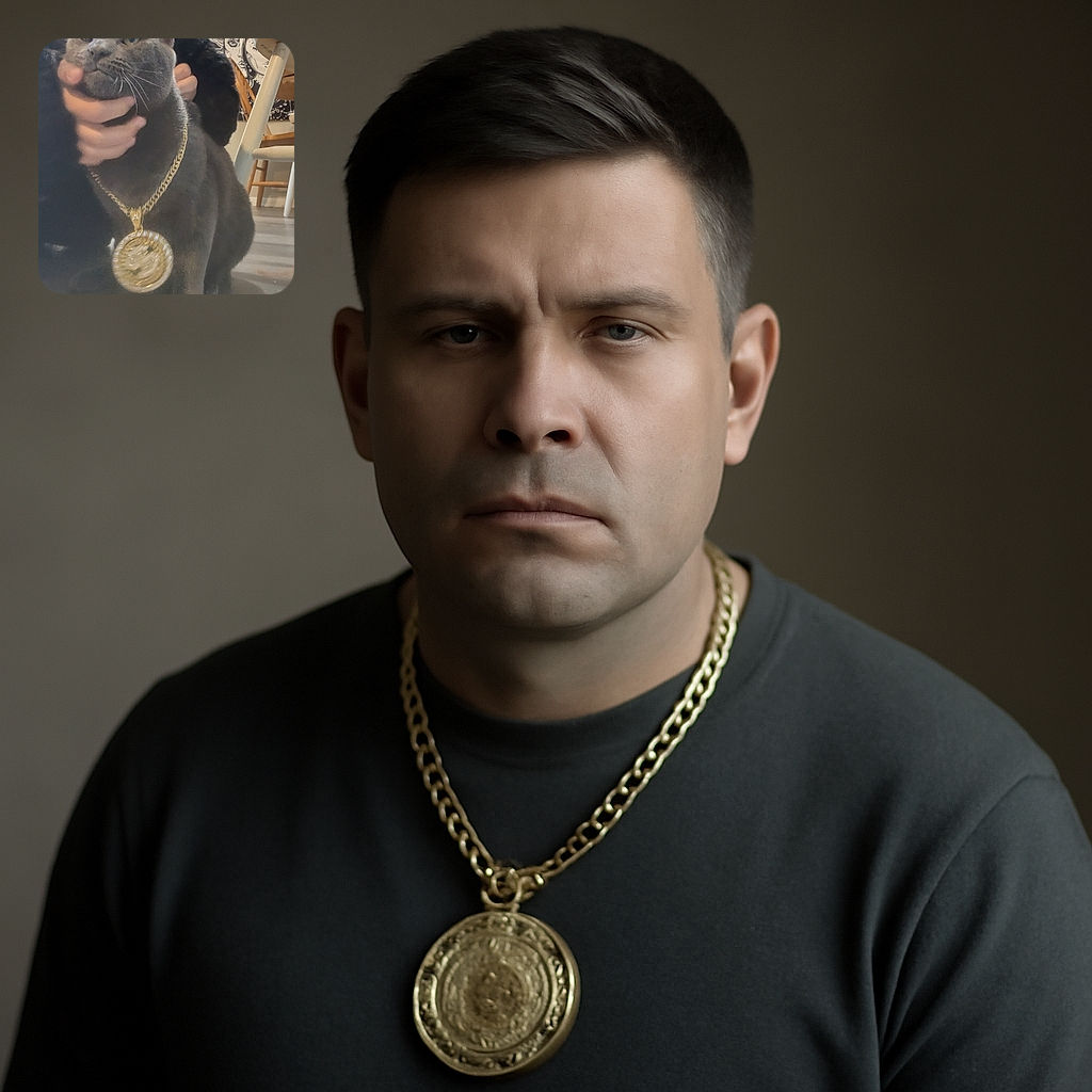 A regal gray cat wearing a large gold chain pendant is being gently held by a person dressed in black. The cat looks calm and slightly unimpressed, set against a cozy indoor background with a sun and moon tapestry and wooden furniture.