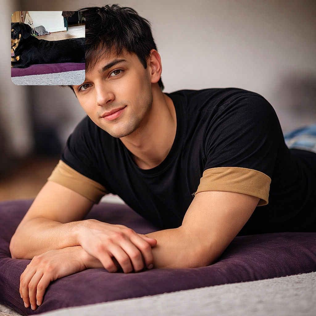 A sleek black and tan dog lounges comfortably on a purple cushion inside a cozy, slightly cluttered room. The dog's attentive eyes and relaxed posture give off a vibe of calm and curiosity, while the wooden floor and scattered household items create a lived-in, warm atmosphere.