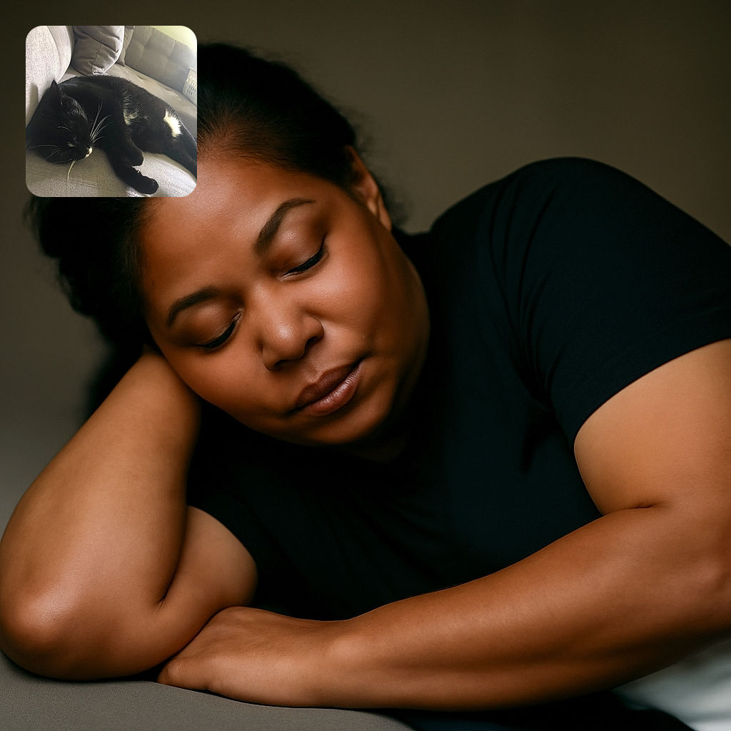 A black and white cat is peacefully napping on a grey couch, curled up comfortably with its whiskers and fur highlighted by soft natural light coming from the side.