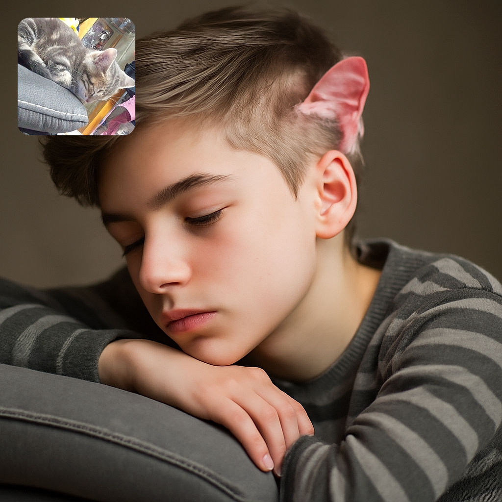 A cozy tabby cat is peacefully napping on a gray cushion, surrounded by a colorful and slightly cluttered background including a pink bra and various household items, creating a casual and homey atmosphere.