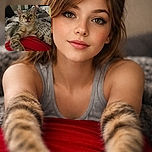 A curious tabby kitten lounges comfortably on a red-clad lap, stretching its paws toward the camera with a slightly puzzled yet adorable expression. The cozy background features a textured blanket and a relaxed home setting, giving off warm and snug vibes.