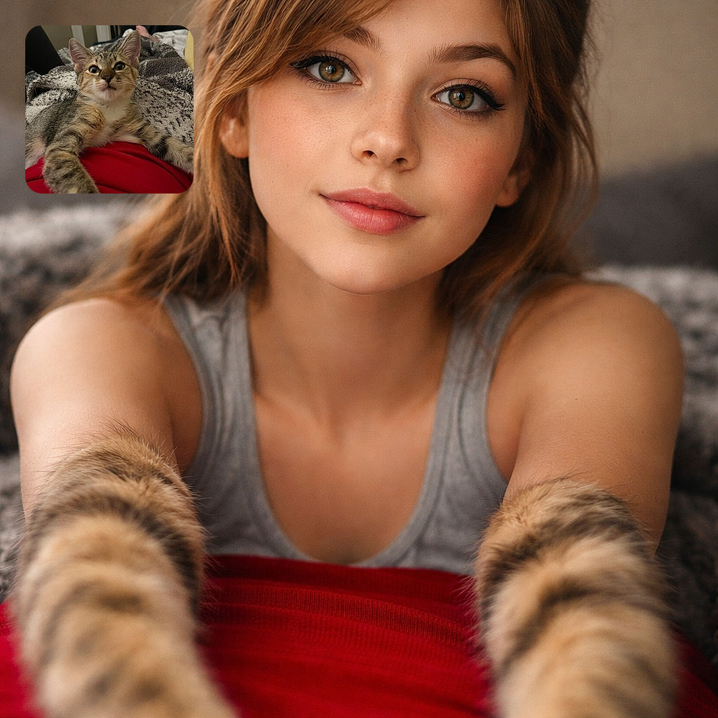 A curious tabby kitten lounges comfortably on a red-clad lap, stretching its paws toward the camera with a slightly puzzled yet adorable expression. The cozy background features a textured blanket and a relaxed home setting, giving off warm and snug vibes.