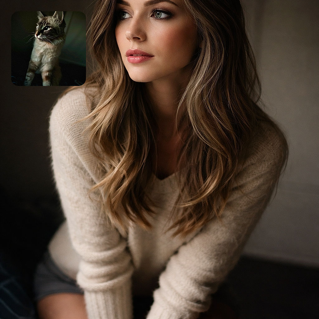 A majestic cat bathed in soft, moody light gazes thoughtfully into the distance, its fur and whiskers highlighted against a dark, blurred background, creating an almost cinematic portrait.