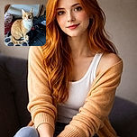 A curious orange tabby cat with striking amber eyes sits elegantly on a fluffy paw-shaped cushion. The background shows a cozy indoor setting with a mix of household items and soft lighting casting gentle shadows.