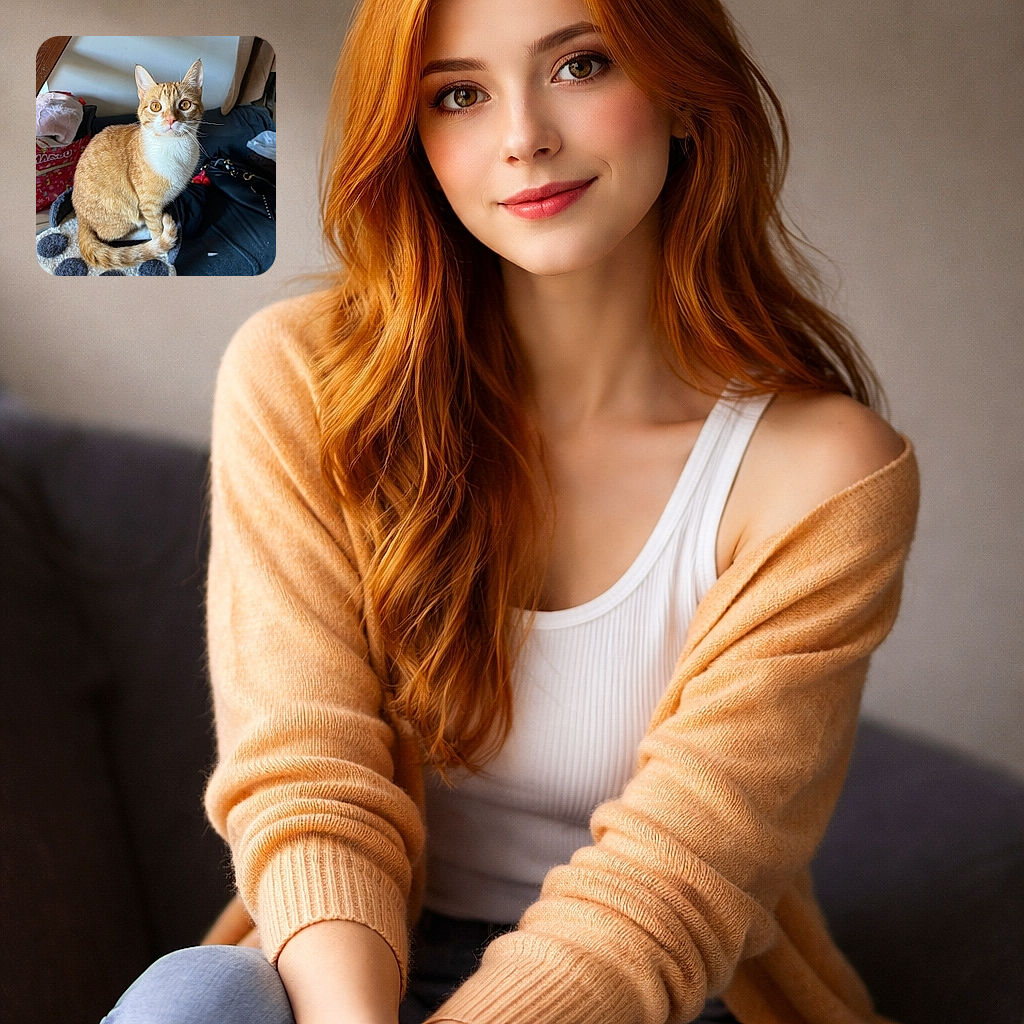A curious orange tabby cat with striking amber eyes sits elegantly on a fluffy paw-shaped cushion. The background shows a cozy indoor setting with a mix of household items and soft lighting casting gentle shadows.