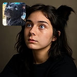 A close-up photo of a fluffy black dog with striking blue eyes looking upwards with curiosity, set against a backyard backdrop featuring a blue pool and some garden elements.