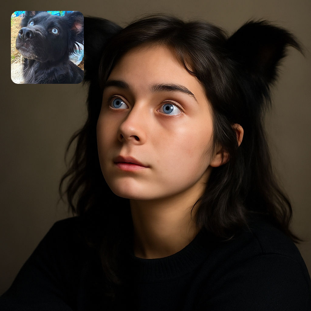 A close-up photo of a fluffy black dog with striking blue eyes looking upwards with curiosity, set against a backyard backdrop featuring a blue pool and some garden elements.