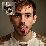 A wet dog with scruffy fur is licking its nose, standing inside what looks like a shower or bath area with glass walls and a neutral background. The dog's curious and playful expression makes it a charming and candid moment.