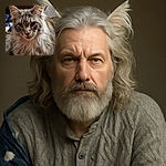 A majestic long-haired cat with a serious expression lounges comfortably against a cozy background, its luxurious fur and attentive eyes stealing the spotlight.