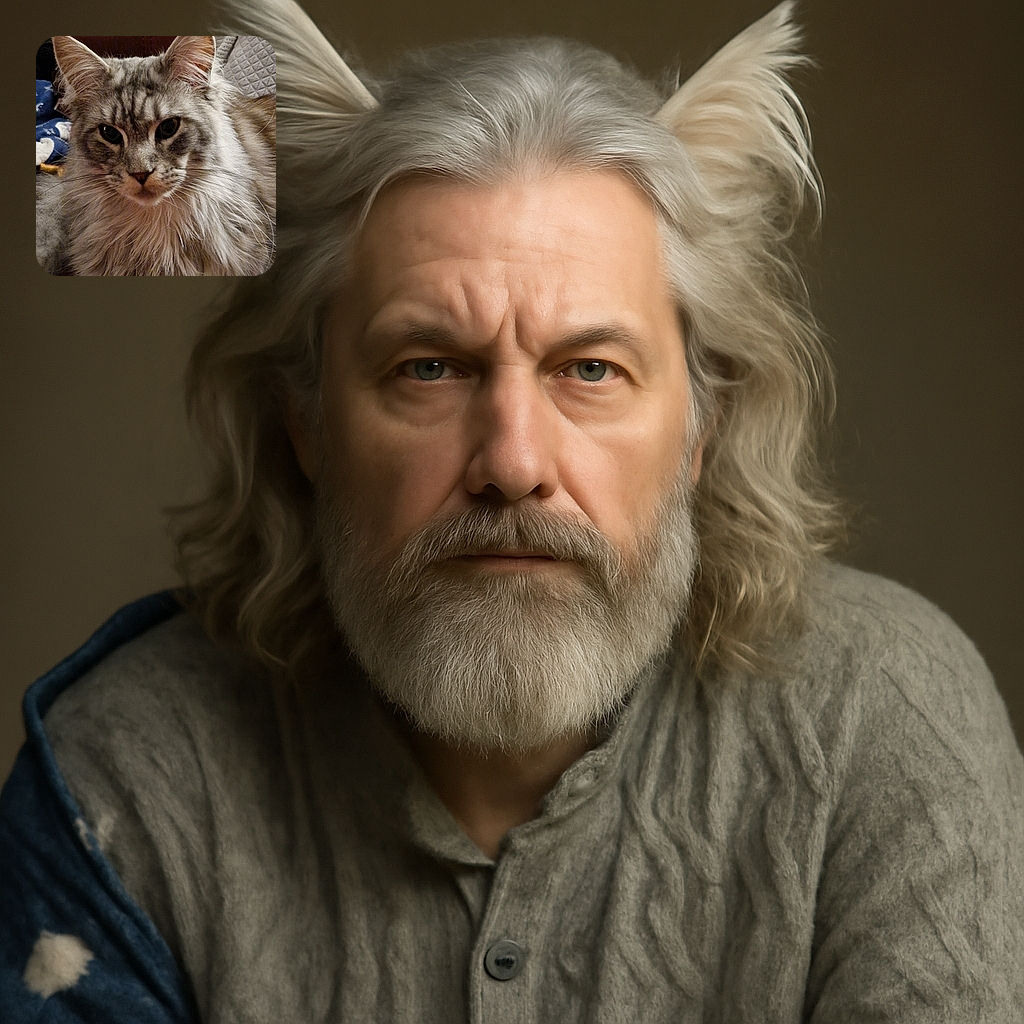 A majestic long-haired cat with a serious expression lounges comfortably against a cozy background, its luxurious fur and attentive eyes stealing the spotlight.