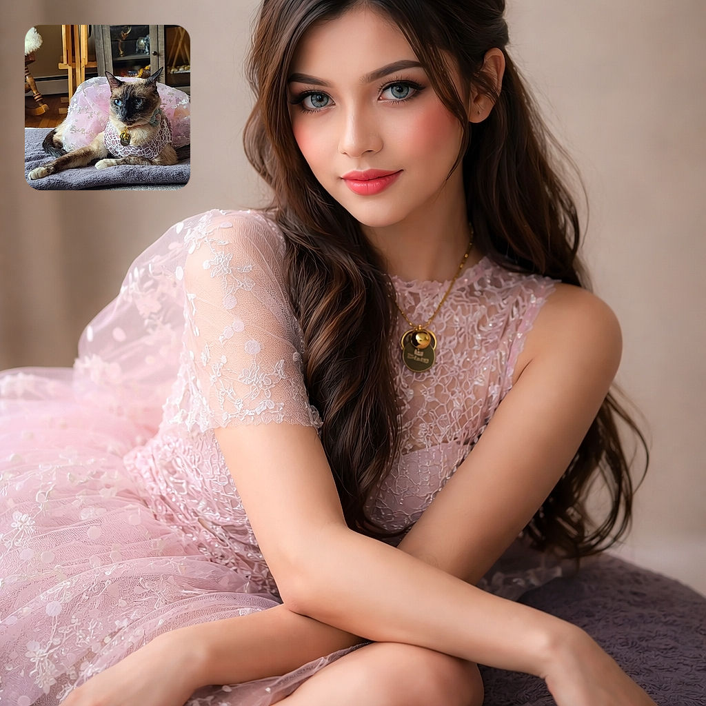 A dignified Siamese cat wearing a pink lace tutu and a jingling bell looks unimpressed by its fashion choices, reclining on a soft towel with a cozy living-room cabinet and folding chairs photobombing the background — runway or nap time? The cat votes nap.