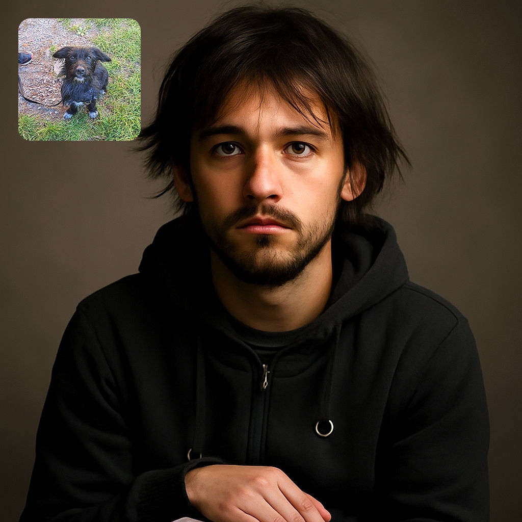 A scruffy black dog with a charmingly tousled coat sits patiently on a patch of grass and gravel, looking up with bright, curious eyes and slightly perked ears. The leash and a sneaker-clad foot hint at a walk in progress, while the natural outdoor setting adds a casual, candid vibe.