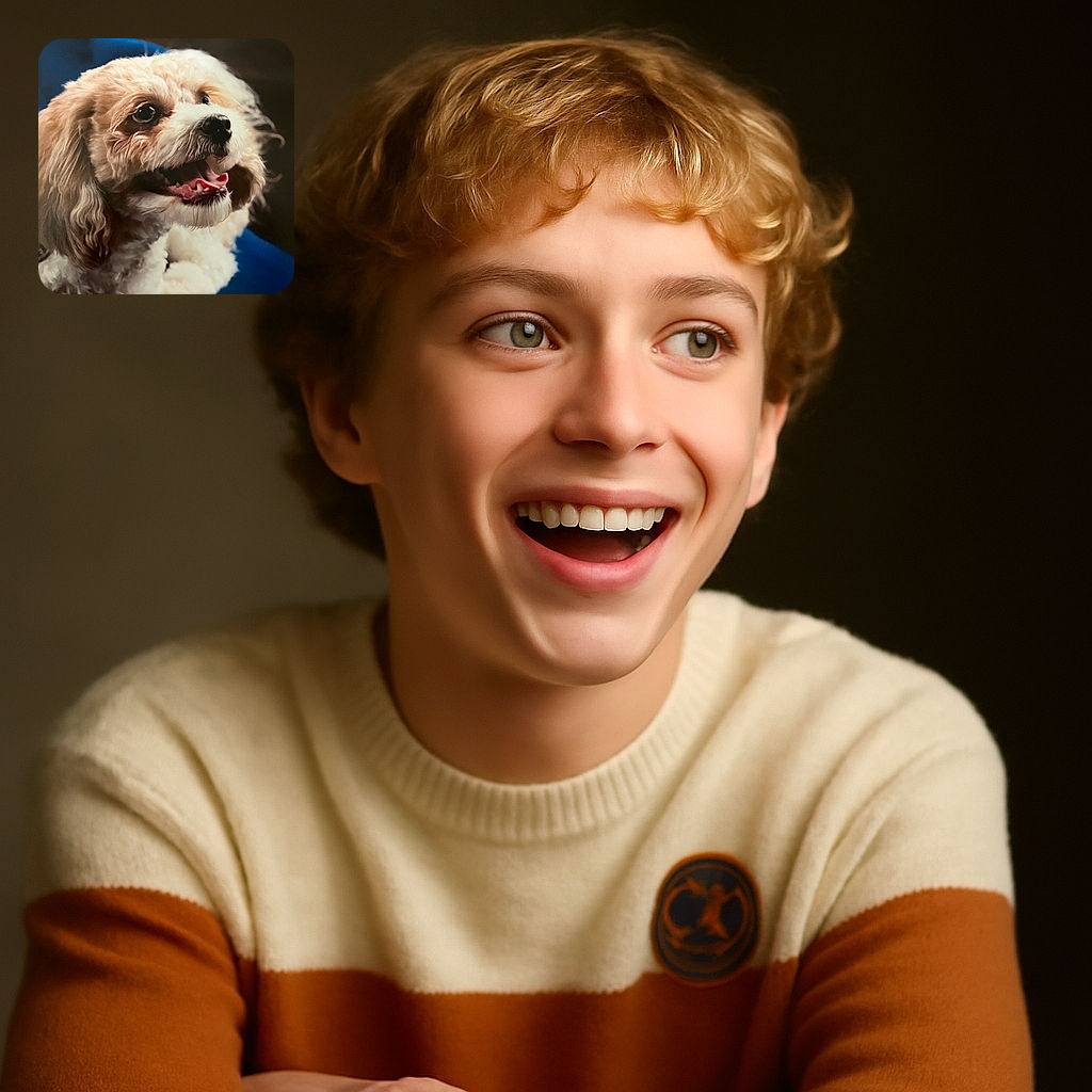 A fluffy, curly-haired dog with bright eyes and a happy open-mouthed smile lounges on a blue surface, looking excited and ready for a treat or adventure.
