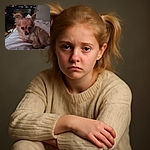 A small, fluffy dog with big ears and soulful eyes lounges on a cozy white blanket in a dimly lit room, with a rustic dresser and TV in the background creating a warm, lived-in atmosphere.