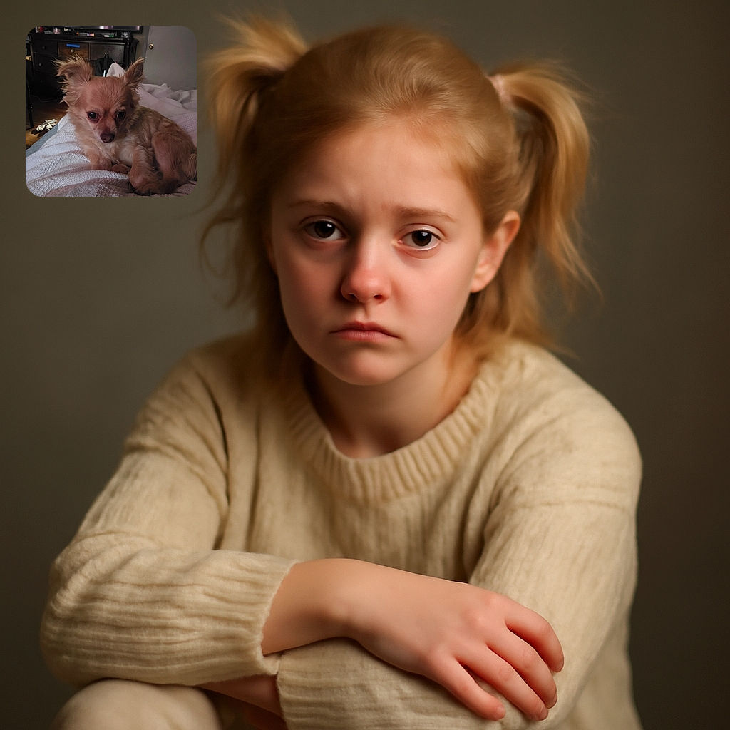 A small, fluffy dog with big ears and soulful eyes lounges on a cozy white blanket in a dimly lit room, with a rustic dresser and TV in the background creating a warm, lived-in atmosphere.