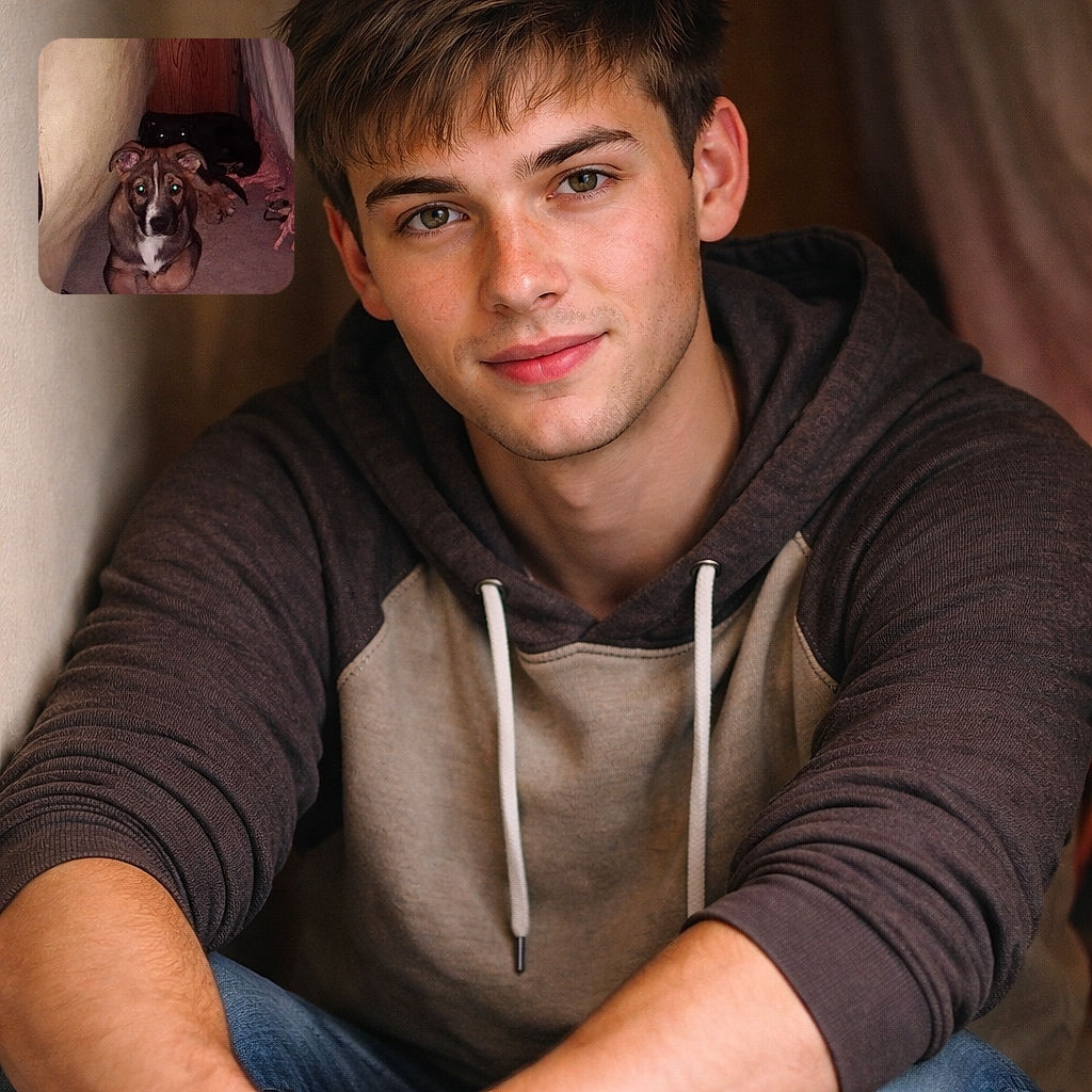 A curious puppy stares straight at the camera with disco-green eyes from a cozy hideout while a darker dog peeks like a stealthy roommate behind — looks like canine fort central after a low-light flash.