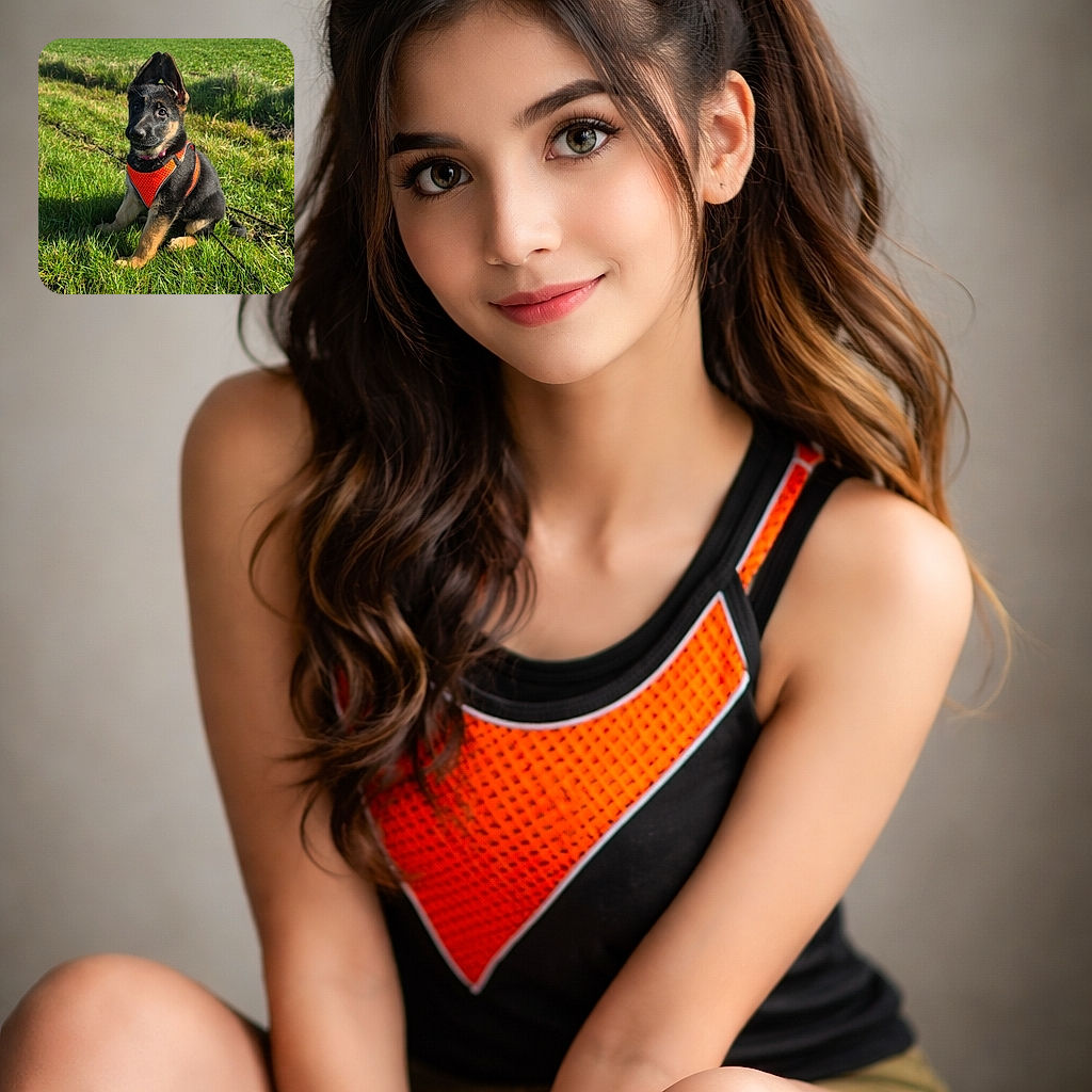 A wide‑eyed German Shepherd puppy in a bright orange harness sits in a sunlit field like it owns the countryside — one ear flopped, one ear perky, staring at adventure (or a treat). The green grass and blue sky make the perfect backdrop for maximum puppy charm.