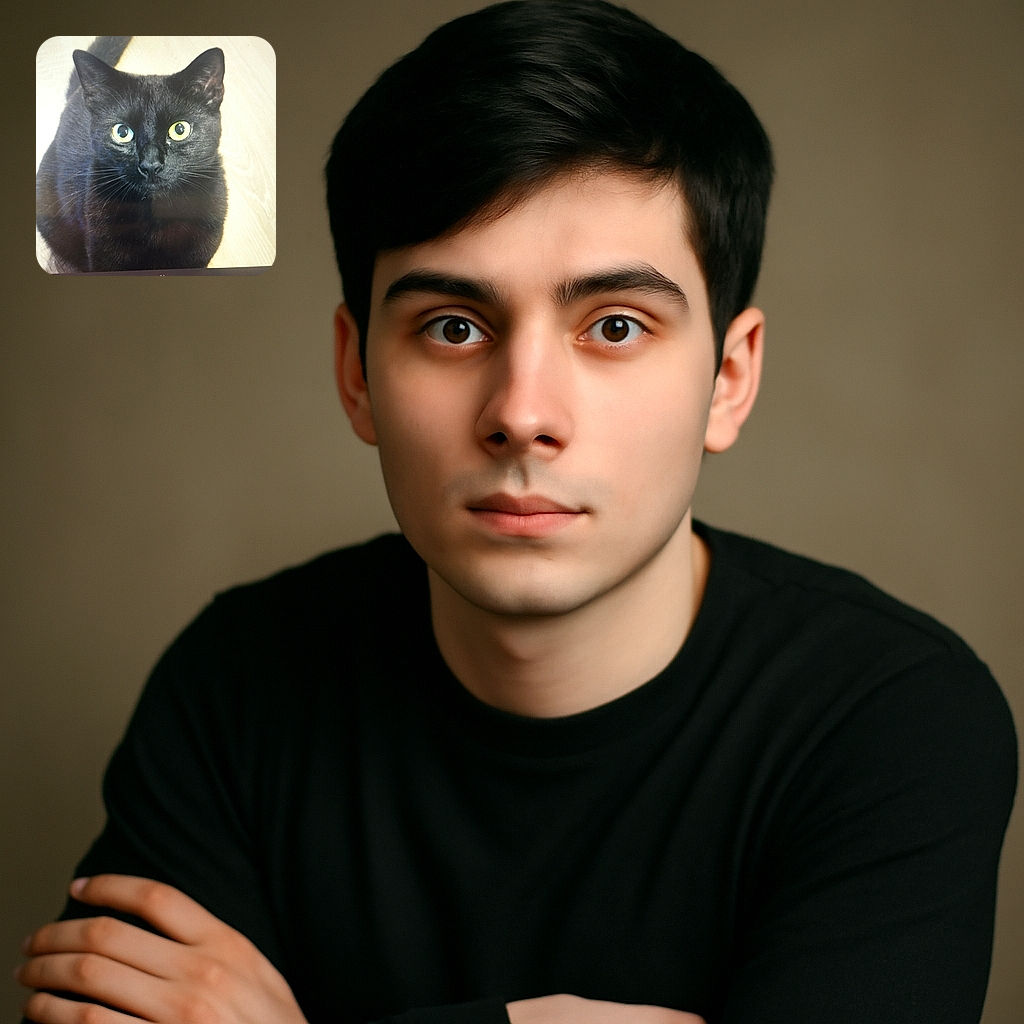 A curious black cat with bright yellow eyes stares directly into the camera, its whiskers and shiny fur highlighted against a light wooden floor background. The photo has a slight glare, giving it a candid, unfiltered charm.