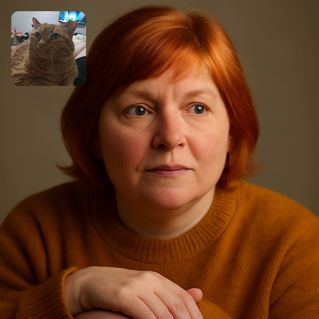 A close-up photo of a chubby orange tabby cat with folded ears, sitting comfortably indoors. The background shows a TV screen with a game or video playing and a cluttered room with boxes and bottles, giving a cozy yet casual vibe.