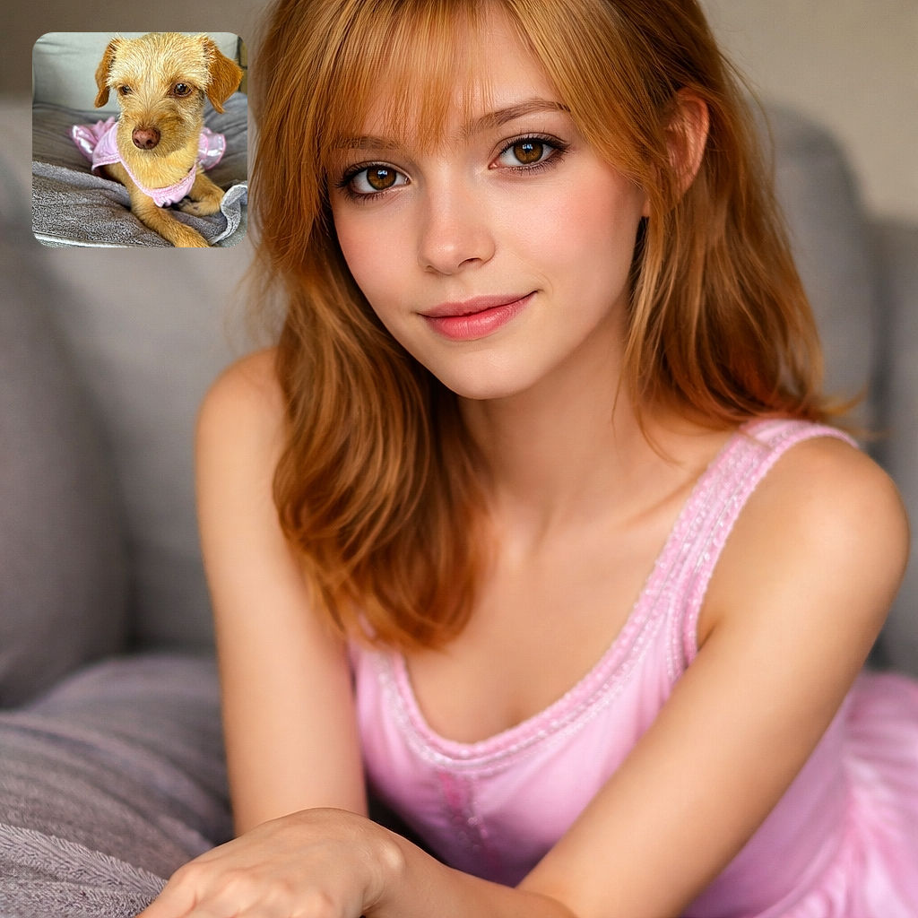 A scruffy little pup wearing a frilly pink dress lounges on a couch-towel throne, giving a solemn, world-weary stare as if judging your snack choices. Soft indoor light and a shallow depth of field make the dog's face and wet nose pop while the background blurs into cozy chaos.
