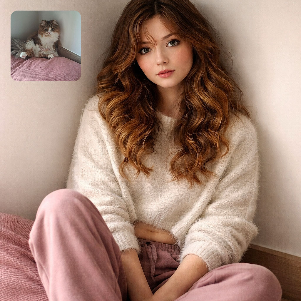 A fluffy long-haired cat lounges like a tiny monarch in the corner, perched on a pink cushion with paws splayed and a regal stare — cozy indoor scene with neutral walls and wooden floor that make the cat the undeniable star.
