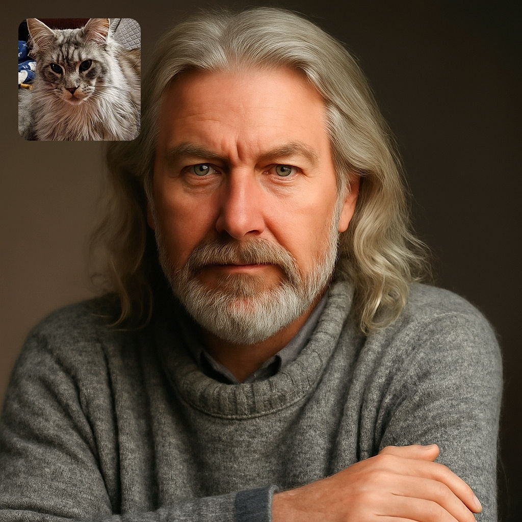 A majestic long-haired cat with a serious expression lounges comfortably against a cozy background, its luxurious fur and attentive eyes stealing the spotlight.