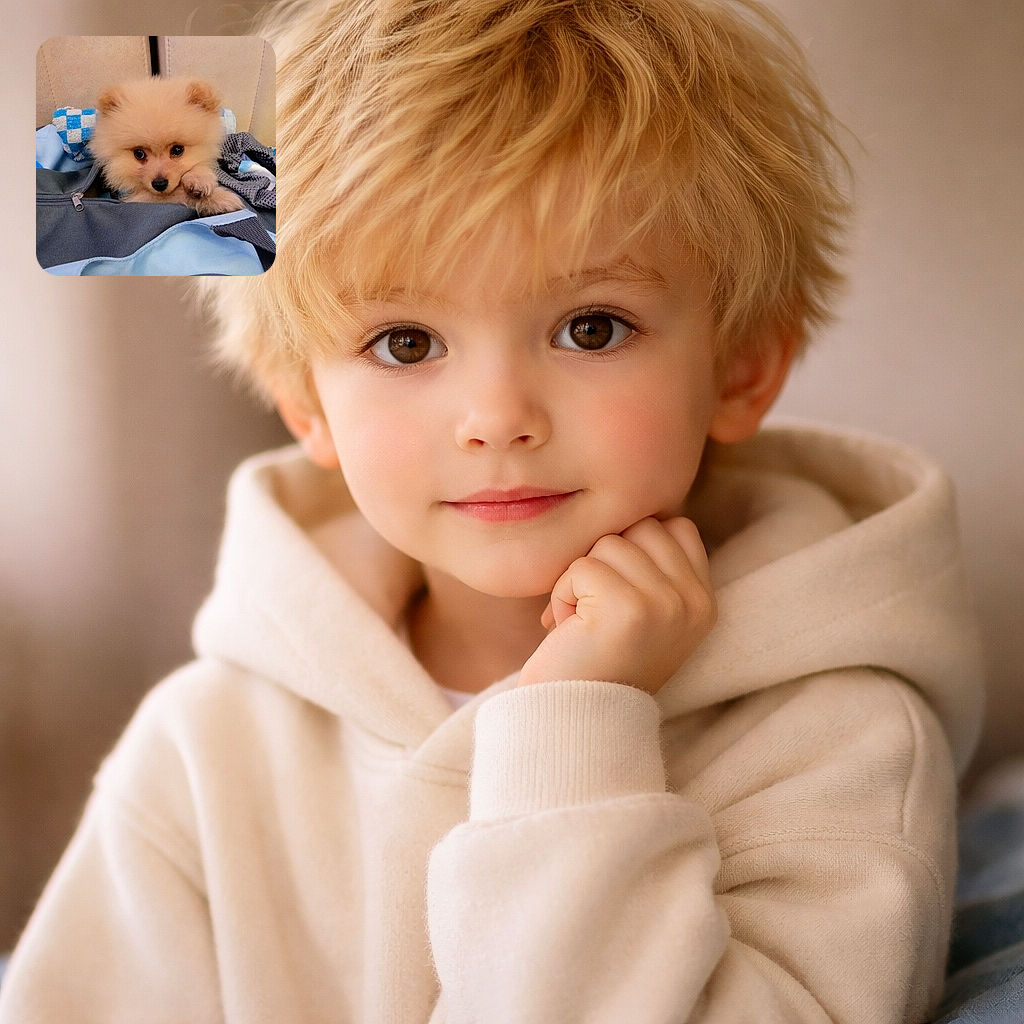 A tiny fluffy puppy peeks out of a bag like a furry escape artist — huge round eyes, a button nose, and one paw draped over the zipper as if to say 'I belong here now.' The background is a soft beige couch with scattered blue fabrics, making the little ball of fur the undeniable star.