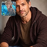A chocolate Labrador, wearing a harness, sits patiently on a blue tarp in the back of a car, with a bright yellow and green ball nearby, looking directly at the camera with soulful eyes.